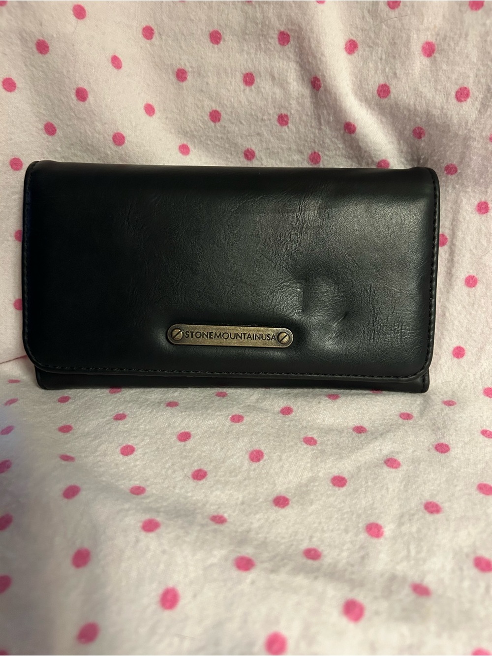 Stone Mountain Black Trifold Leather Wallet with Gold Logo